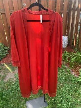 Tickled Teal Red Crochet-Trim Open Cardigan